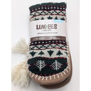 LUK-EES Slipper Socks Womens S/M Green Fair Isle Muk Luks Knit Tassel Cabin Cozy